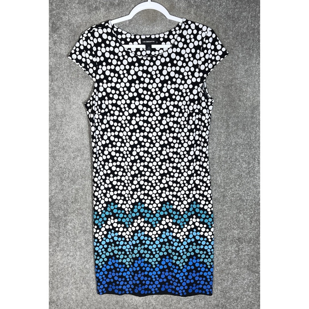 Liz Claiborne Polka Dot Midi Dress Womens Size 12 Blue Black Green White Stretch